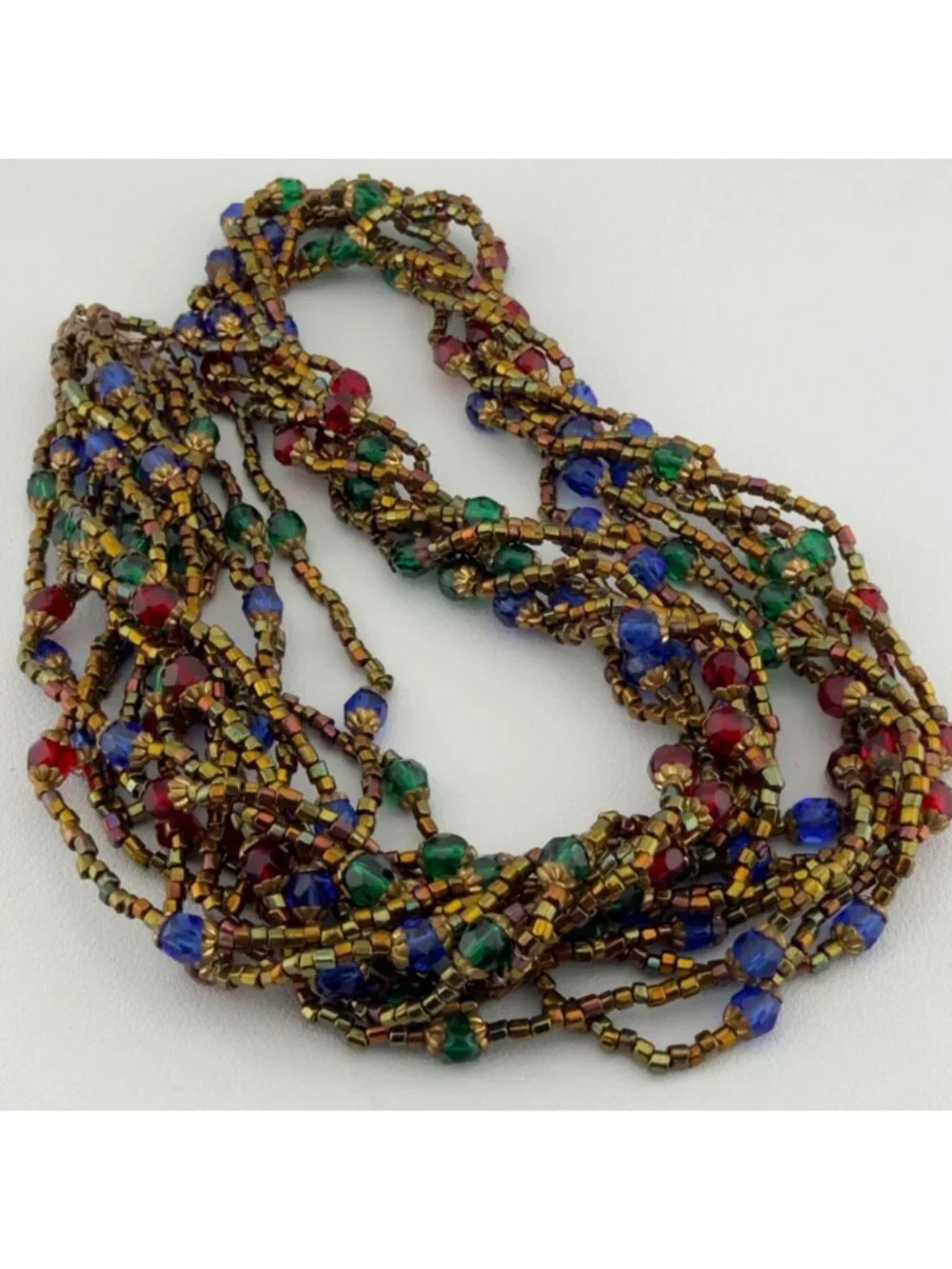 Multicolor Glass Beaded Layered Long Necklace Faceted Metallic 28